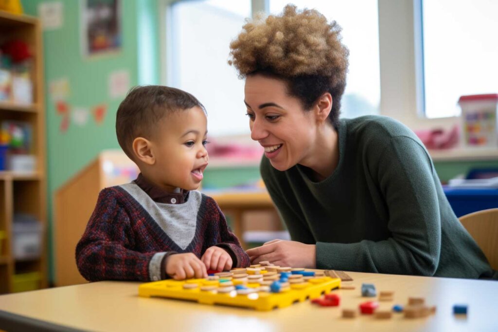 A speech therapist at an inclusive center works with a child with autism generative ai.