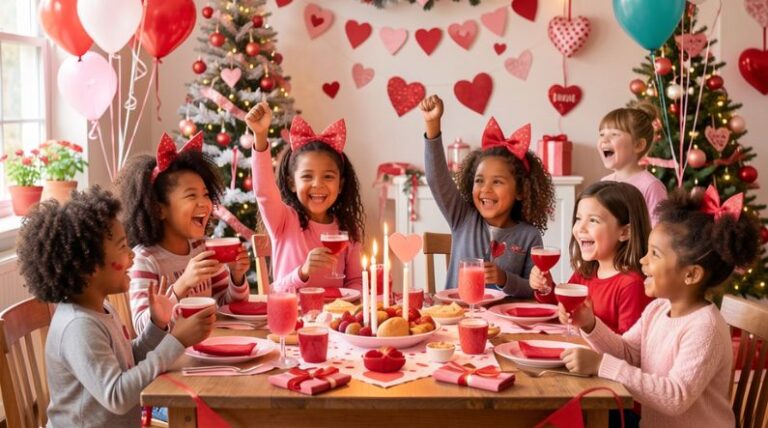 Smiling children celebrating Valentine’s Day together with heart decorations in a sensory-friendly, autism-friendly classroom setting