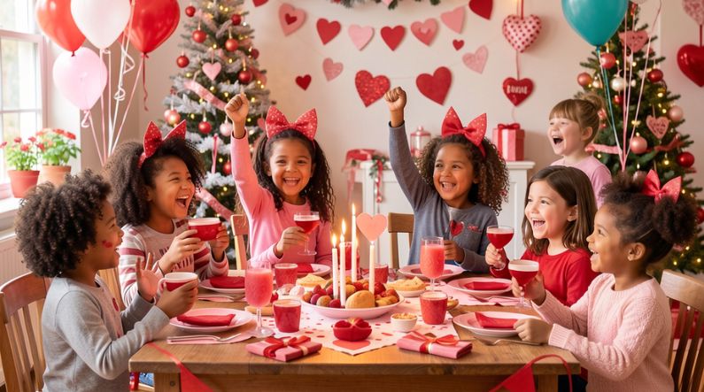 Smiling children celebrating Valentine’s Day together with heart decorations in a sensory-friendly, autism-friendly classroom setting