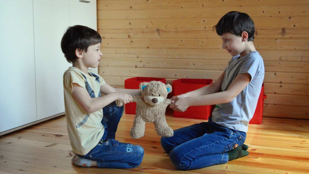 Two children tugging on a stuffed bear, showing how misunderstandings during play can turn into conflict, especially when autism and empathy differences shape how feelings are expressed.